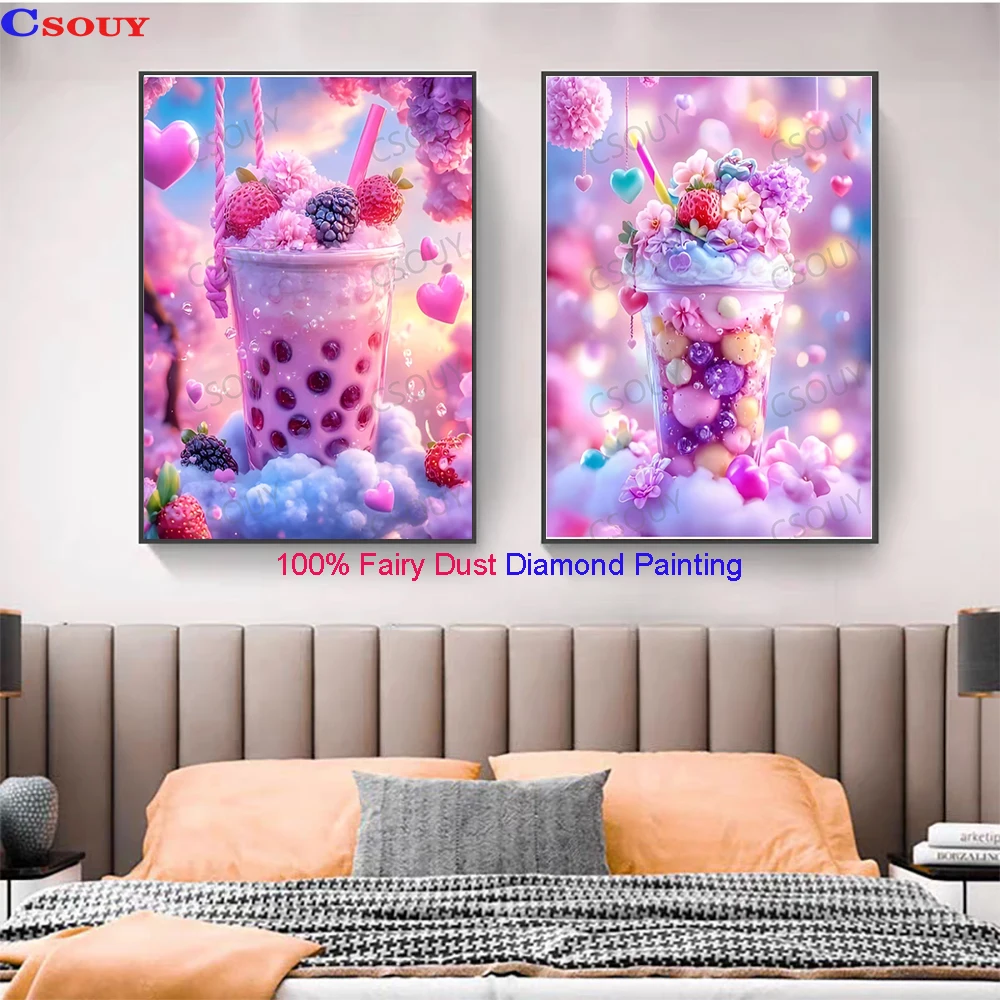 100% Fairy Dust Diy Diamond Painting Cross Stitch Fruit Pink Bubble Tea Embroidery Square Mosaic Home Decor Needlework Crystal