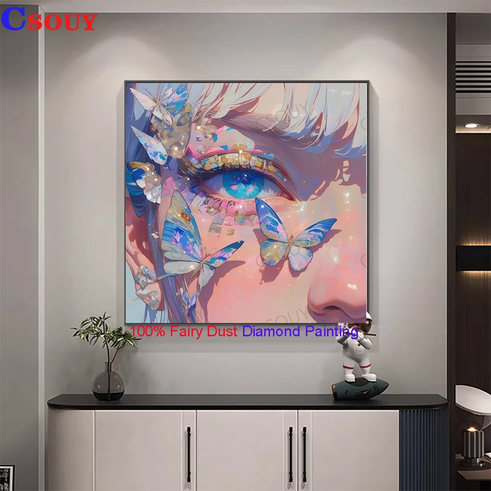 100% Fairy Dust Diy Diamond Painting Cross Stitch Blue Butterfly Girl Square Drill Full Crystal Embroidery Mosaic Decor Needlewo