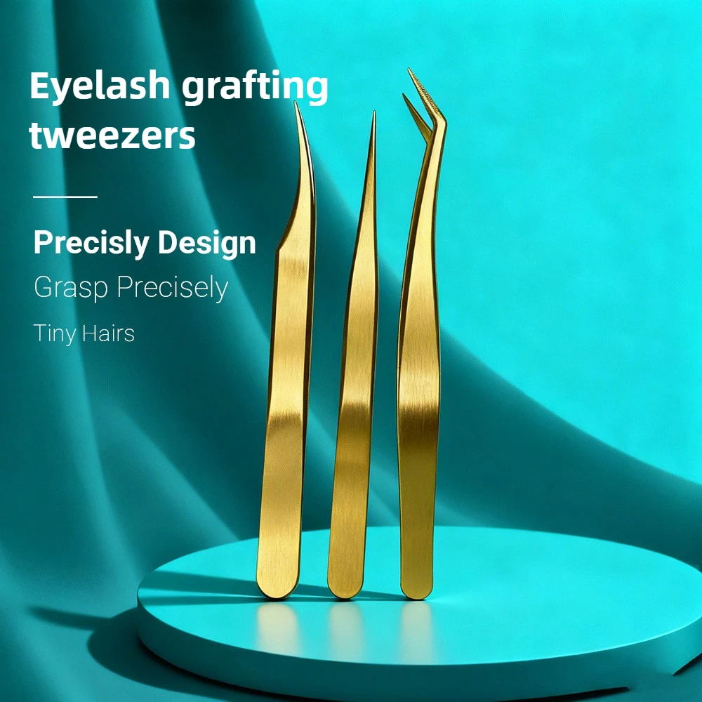 Stainless Steel High Precision Eyelash Tweezers Suit, Grafting Eyelash Tool, Eyebrow Clip Beginner Set Golden