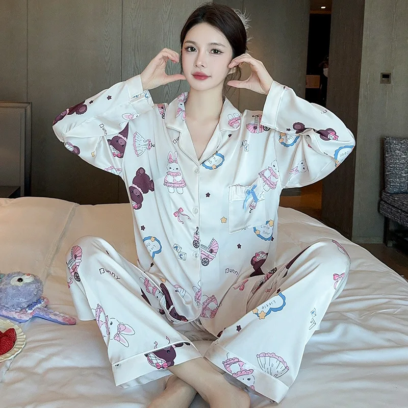 Long Sleeves Ice Silk Soft Loungewear Spring Autumn Popular Light Luxury Lotus Leaf Edge Flower Pajamas Two-piece Set Wholesale