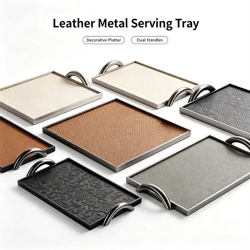 Metal Frame Leather Serving Tray Rectangular Decor Platter with Handles Storage Tray Kitchen Table Cosmetic Organizer Home Decor