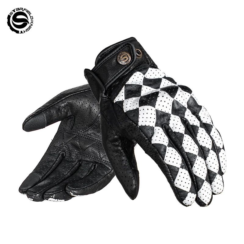 SFK Black&White Motorcycle Gloves Retro Riding Protection Equipment Summer Breathable Real Goat Leather Non-slip Wear-resistant