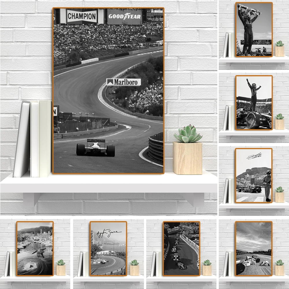 Black White Formula Grand Prix Legend Racing Poster Vintage Senna Race Car Canvas Painting Leclerc Portrait Wall Art Room Decor