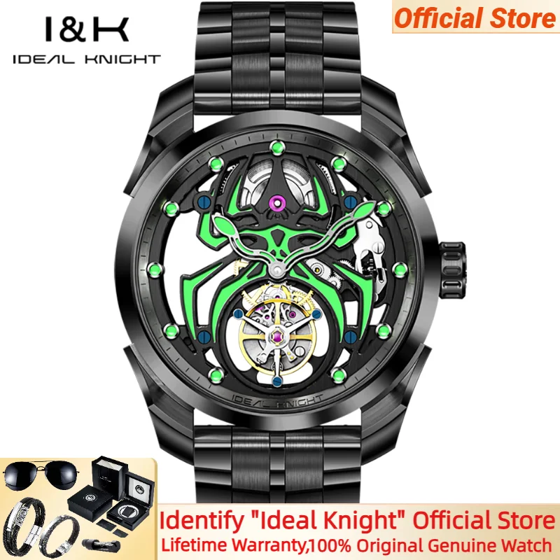 IDEAL KNIGHT NO:6802 Real Tourbillon Watch for Men Luminous Spider Skeleton Black Steel Automatic Mechanical Hand Clock