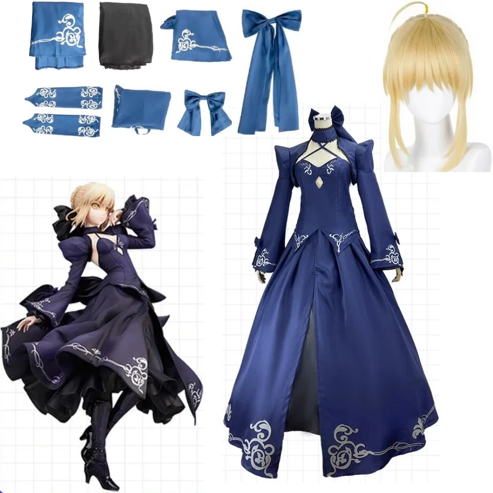 Anime Fate Night Cosplay Set Wig Sleeves Bow Black Saber Dress Knight Costumes Artoria Halloween Full Role Play Outfits