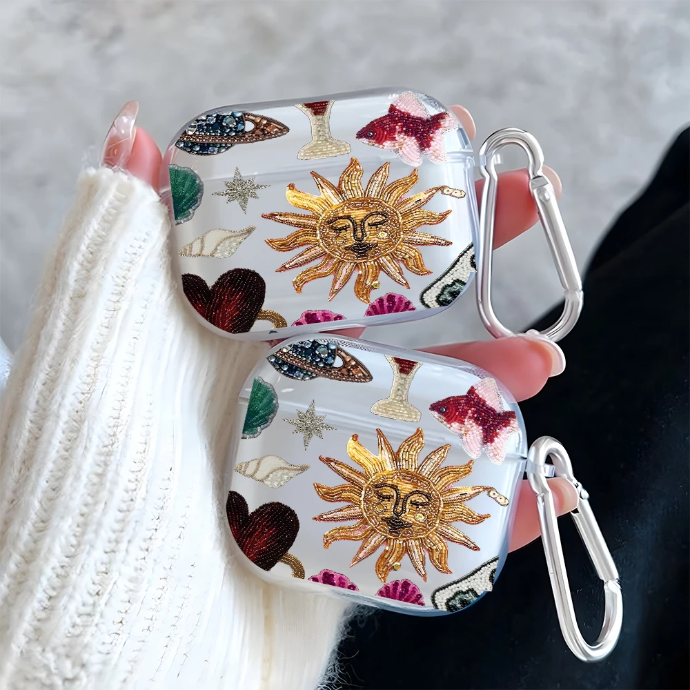 Golden Sun Star Pattern Clear Earphone Case for AirPods Pro 3/Pro 2/Pro Earbuds Case for AirPods 1/2/3/4 TPU Protective Cover