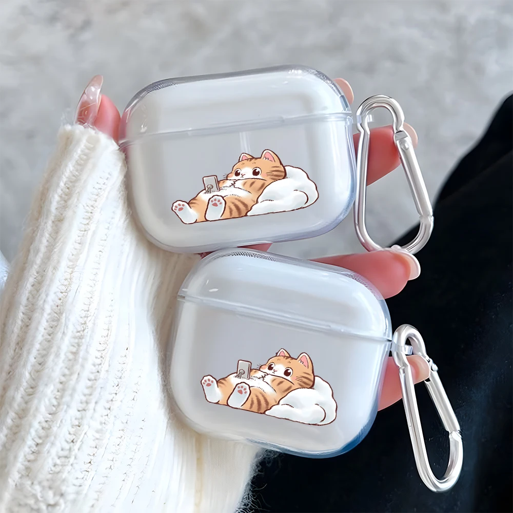 Lazy Orange Cat Pattern Clear Earphone Case for AirPods Pro 3/Pro 2/Pro Earbuds Case for AirPods 1/2/3/4 TPU Protective Cover