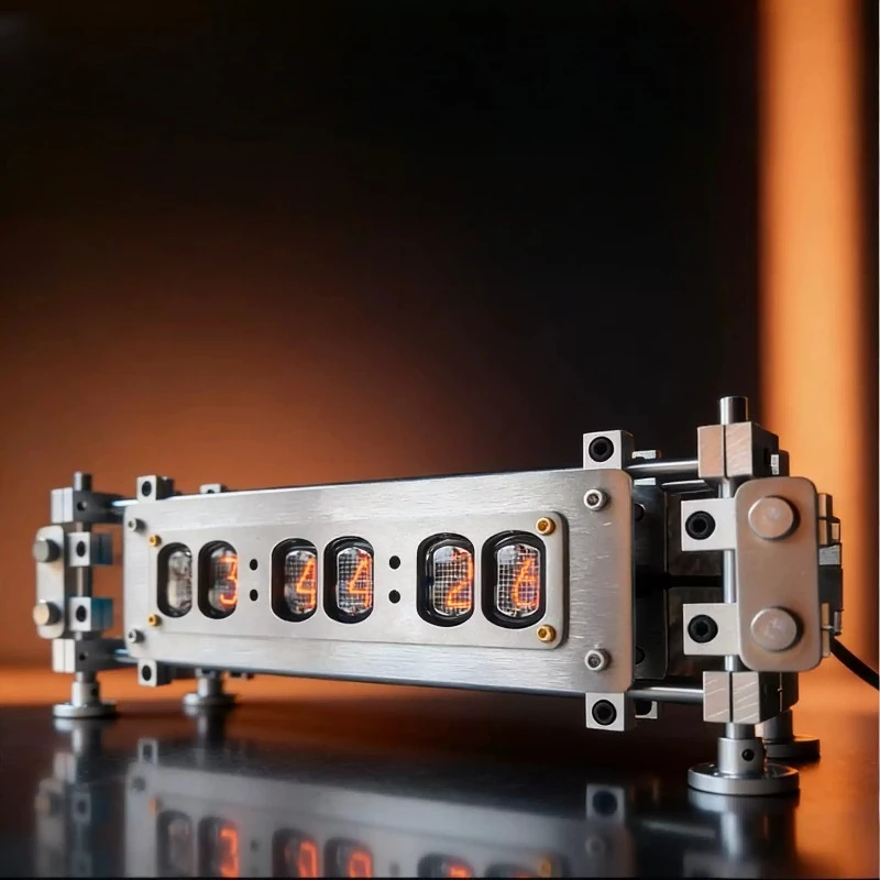 Retro 6 Bit Nixie Tube Clock, IN12 Glow Tube Digital Clock, Luxury Stainless Steel Metal Tube Desktop Clock