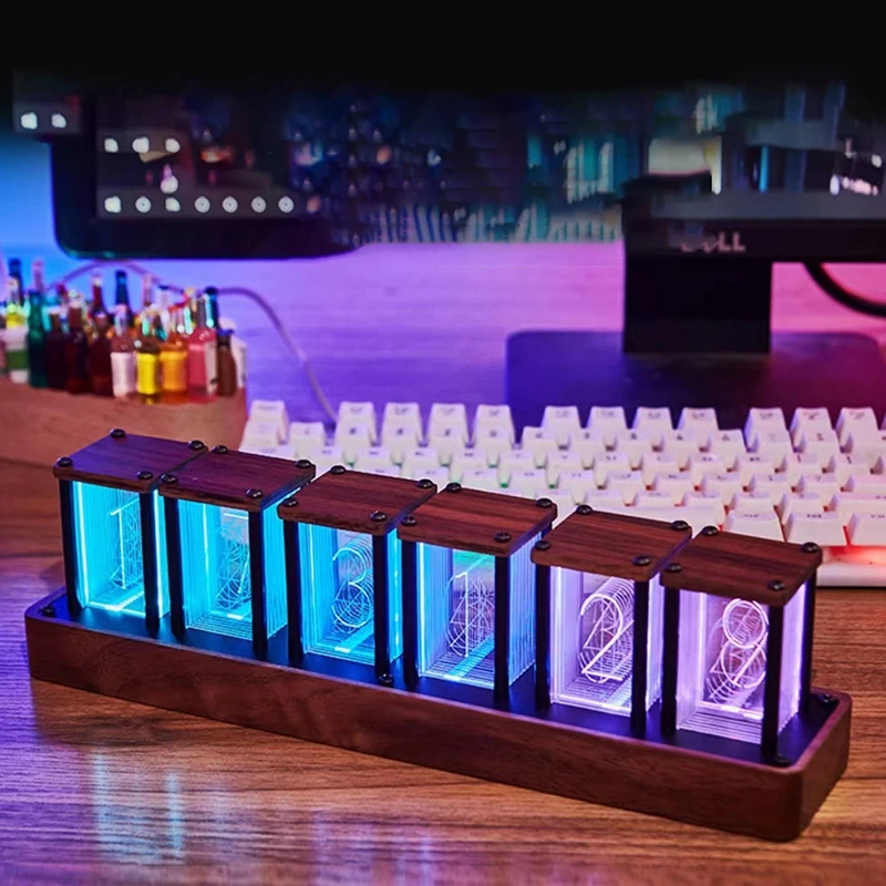 Nixie-Colorful LED Digital Table Clock, USB Powered Alarm Clock, Large Display, Bedroom Desk Decoration