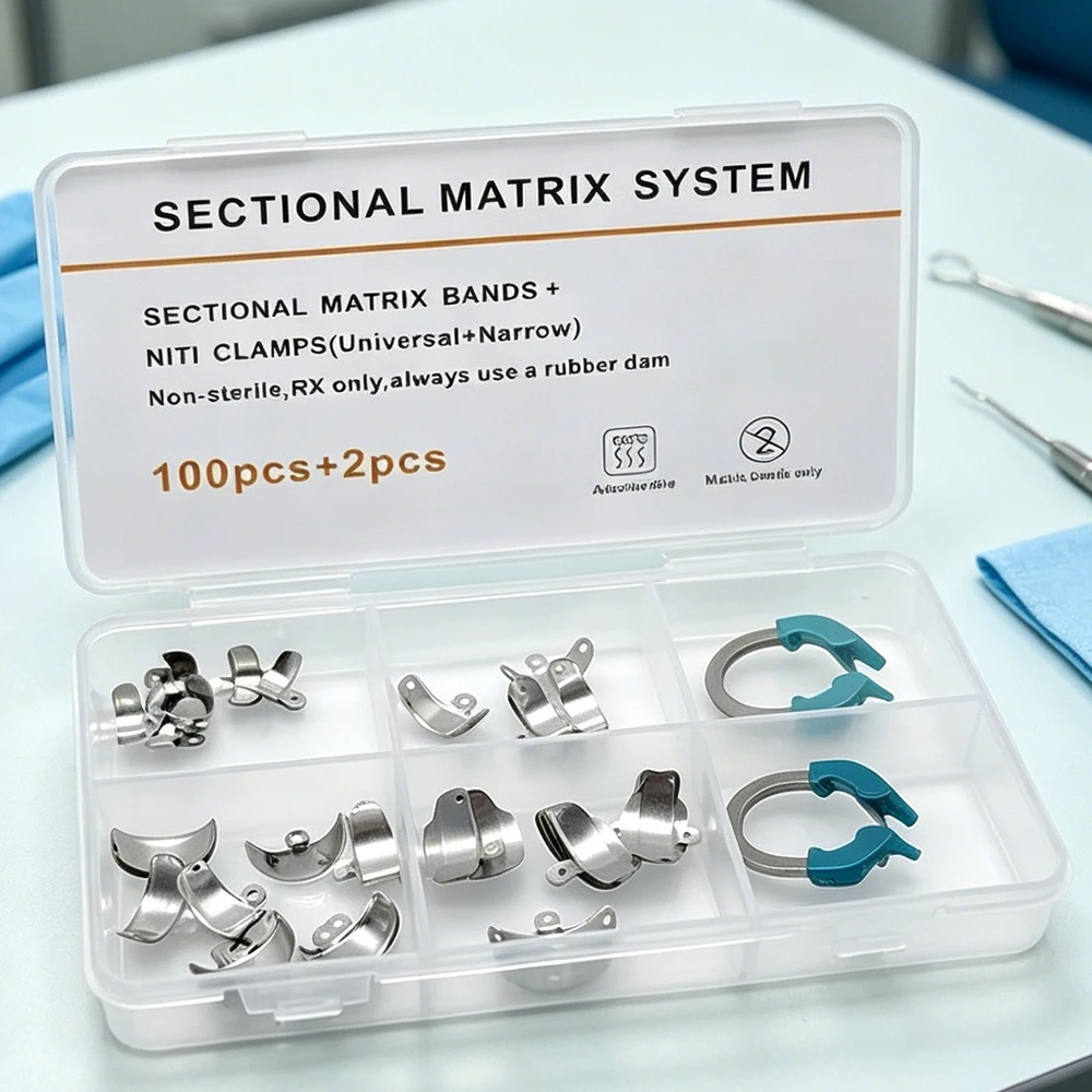 Dental Matrix Band Kit 102PCS with Nickel Titanium Clamps for Professional Restorative Dentistry Contoured Metal Matrices