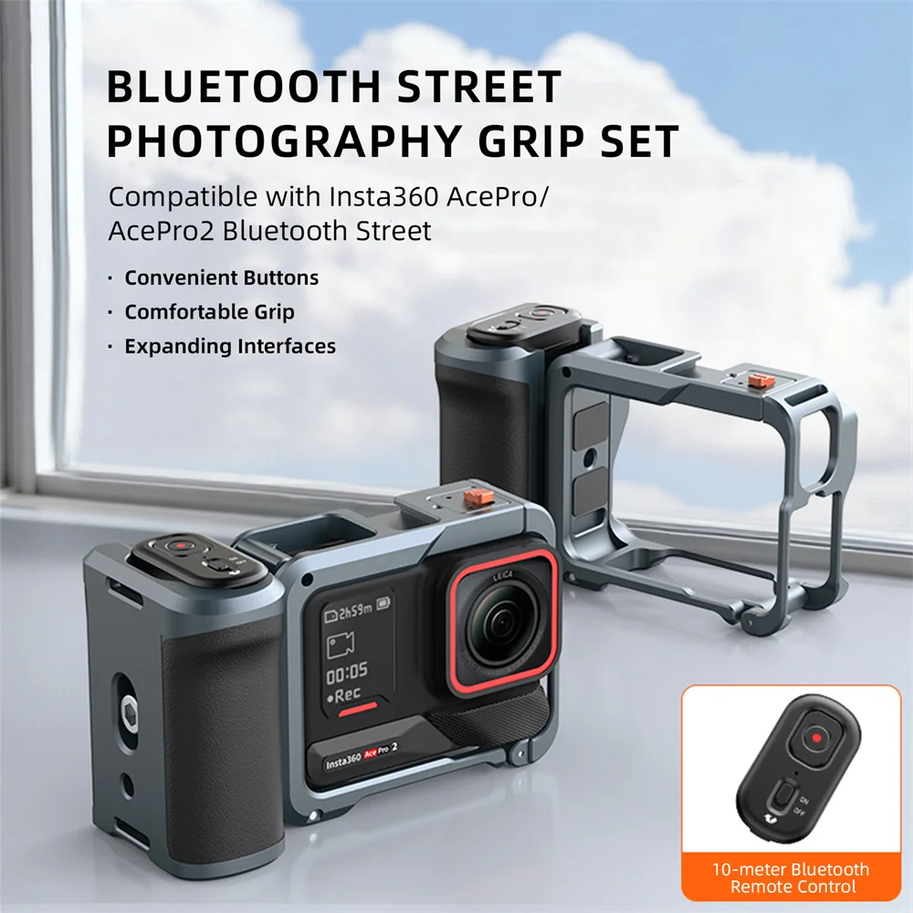 VRIG GA-08 Bluetooth Remote Handheld Grip Kit For Insta360 Ace Pro/2 Action Camera Metal Frame w 1/4 Cold Shoe for Tripod Light