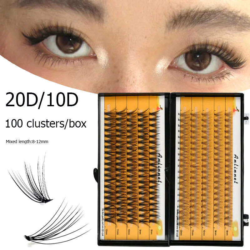 100 Clusters of 10D/20D Eyelashes, 8-12mm Mixed Set, Natural and Soft Makeup False Eyelashes, Personal Eyelash Extension Tool