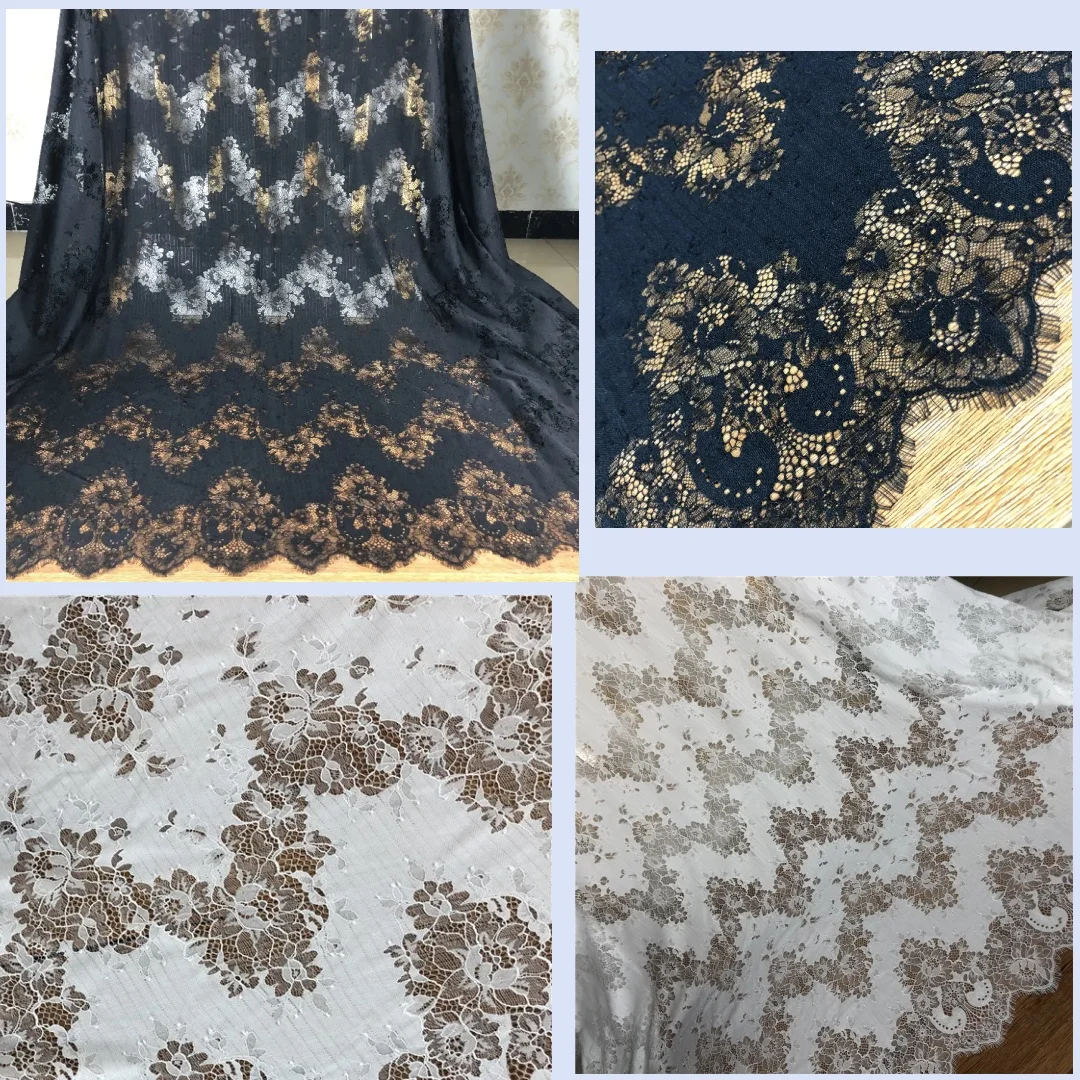 white Eyelash Fabric Black Chantilly Fabrics Lace Scalloped Lace for Lace Robe Lingerie Bridal Veils Shawls Gowns Dress Acce