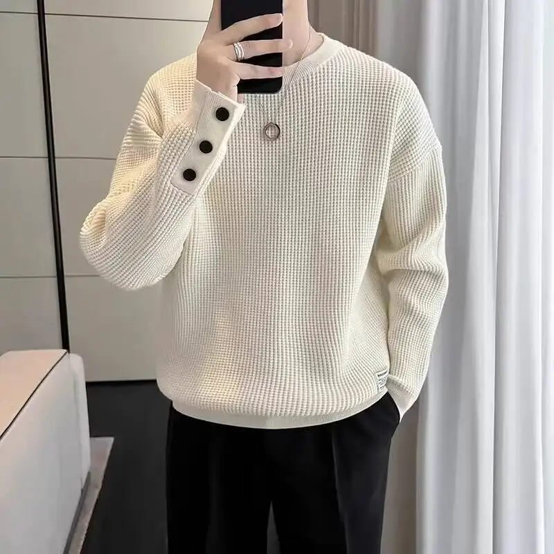 2025 Autumn Winter New Men's Sweatshirt Cool Style Premium Vibe Waffle Knit Autumn Top Inner Wear Fall Base Layer