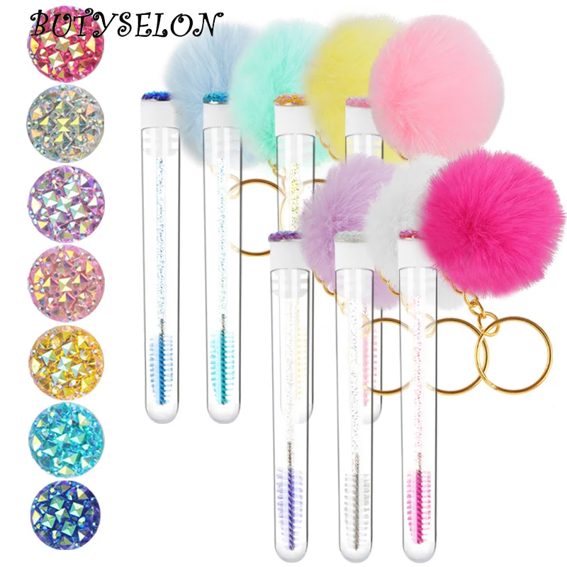 5pcs Gold Keychain Tube Eyelash Brush Eyebrow Comb Microbrush Lash Extension Micro Brushes Makeup Tool Fluffy Fur Ball Decorate