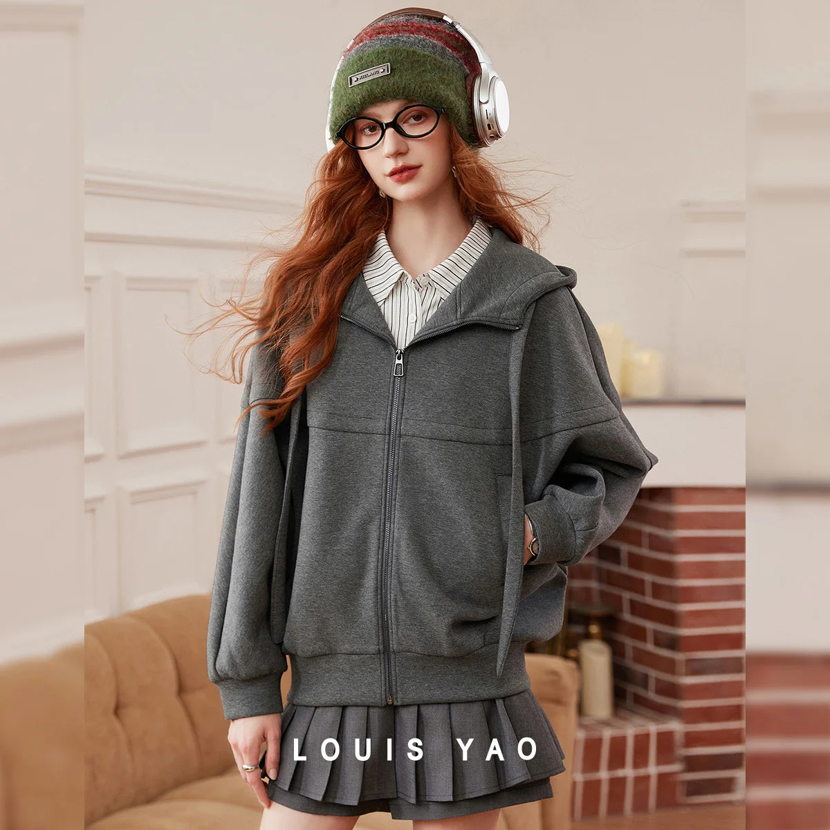 LOUIS YAO Casual Women's Hoodies 2026 Spring Premium Hooded Zip-up Coat  Dropped Shoulder Knitted Cardigan Top for Women