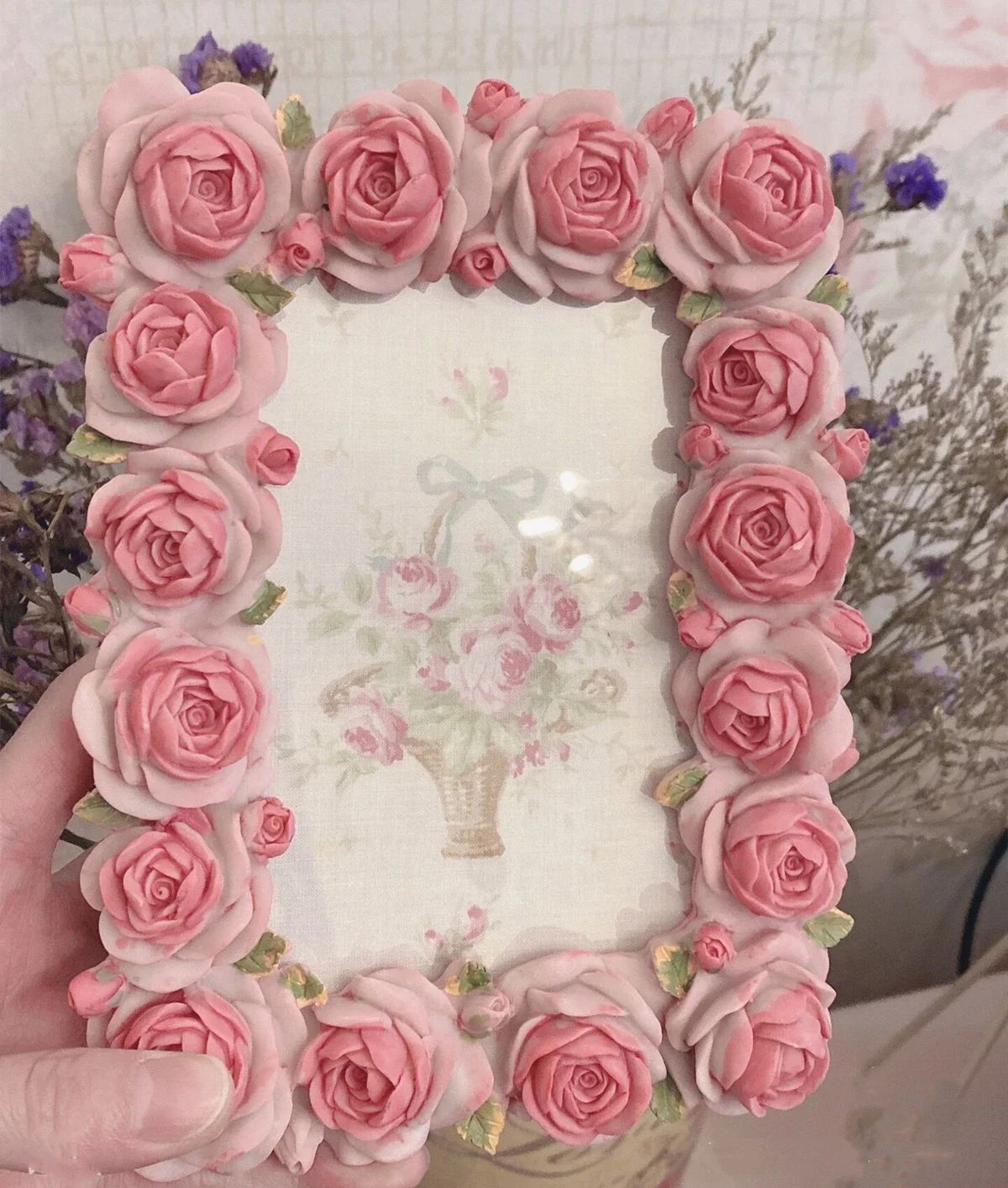 Pink Rose Blossom Series Warm Resin Rectangular Lace Frame Edge Table Ornaments and Home Art Frames