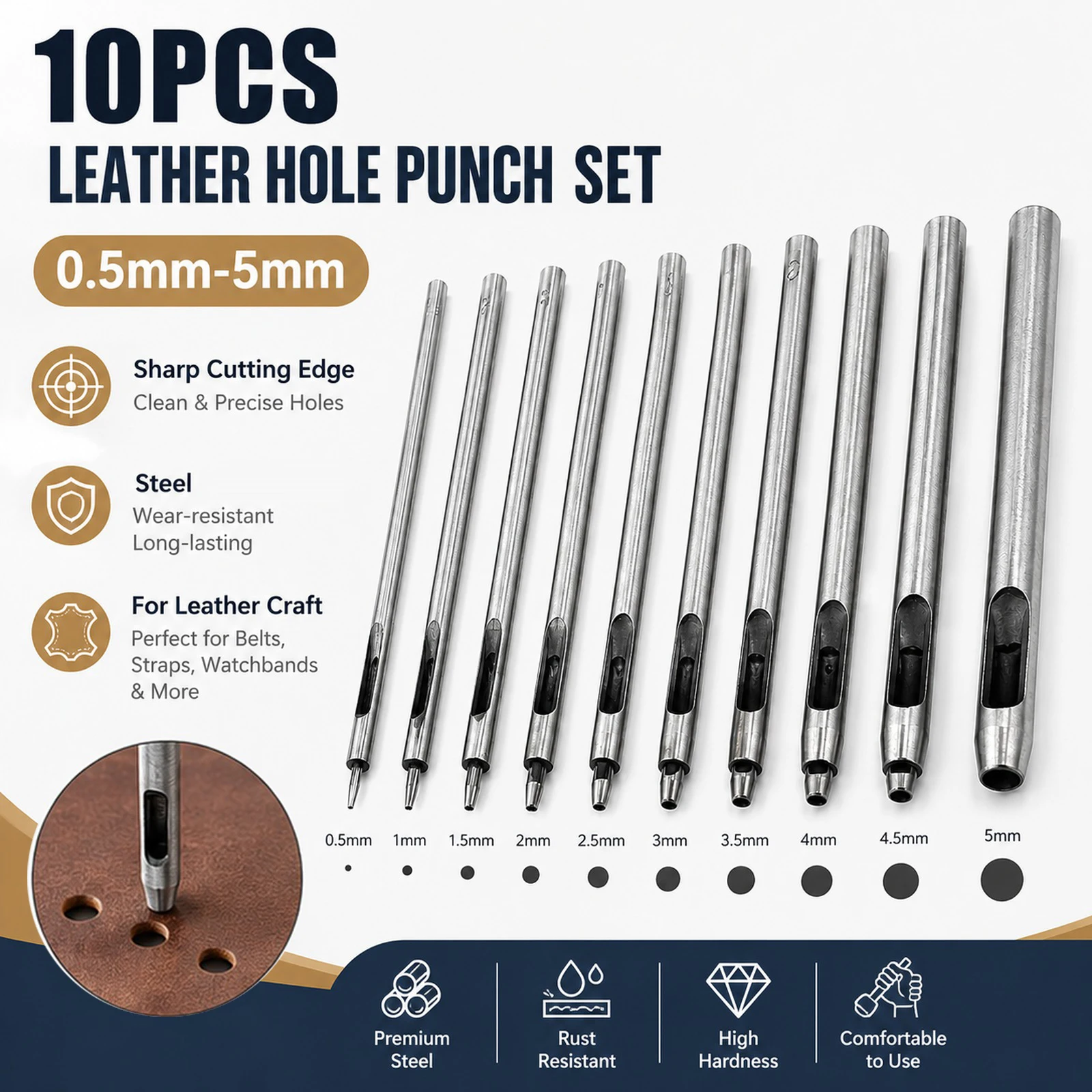 Leather Hole Punch 1/10pcs 0.5mm 1mm 1.5mm 2mm to 5mm Round Hole Punch Tool Hollow Cutter for Leather Craft Belt Bag Clothing