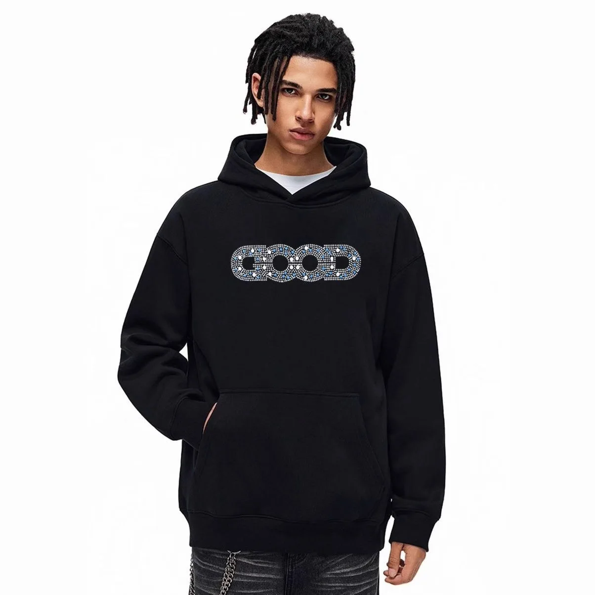 Premium Quality Goodbrand New GOOD Blue-Tinted Rhinestone Hoodie Sweatshirt Casual Fall/Winter Unisex Top