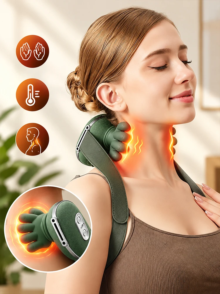 Neck Shoulder Massager Wireless 4D Kneading with Heat USB Rechargeable 3 Modes Deep Massage Device for Home Office