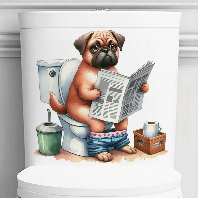 Funny Dog Toilet Lid Decal - Reading a Newspaper Sticker for Wall Bathroom Cabinet Door Decorative Vinyl Apply