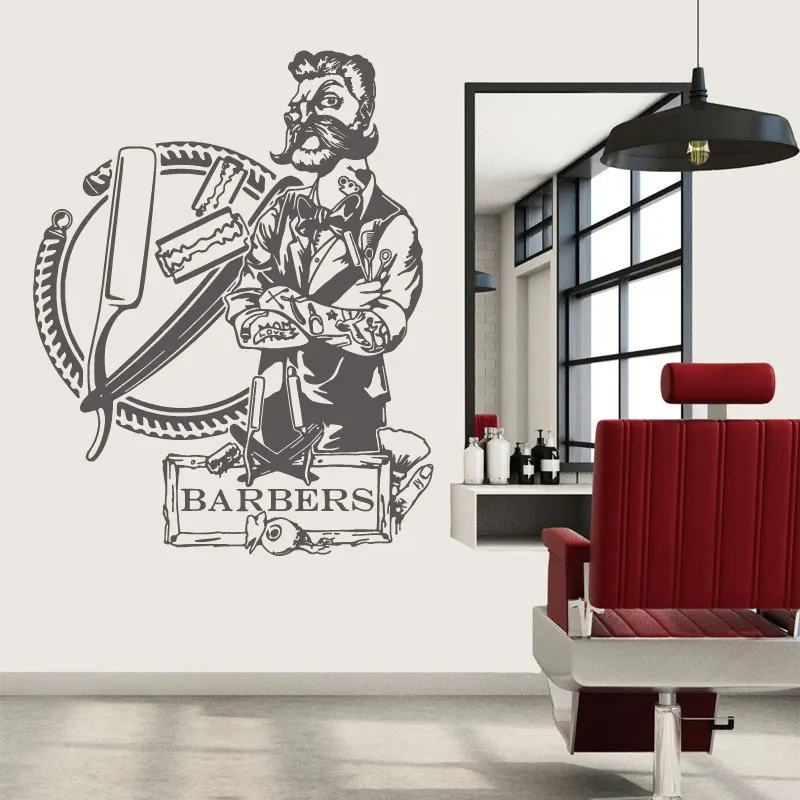 Barbershop Stylist Tattoo Vinyl Wall Sticker Hipster Hairdresser Barbershop Window Door Shop Sign Decoration Sticker Mural Gift