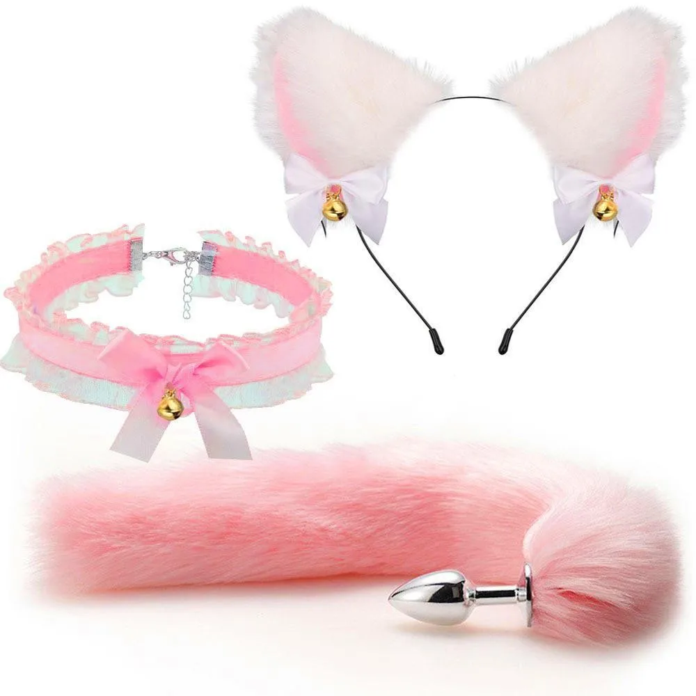 Cute Fox Tail Anal Plug Bow-Knot Soft Cat Ears Headbands Collar Erotic Cosplay BDSM Set Sex Toys for Female Male