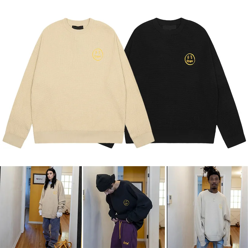 Drew House Premium Smiley Embroidered Streetwear Unisex Couple's Oversized Crewneck Knit Sweater