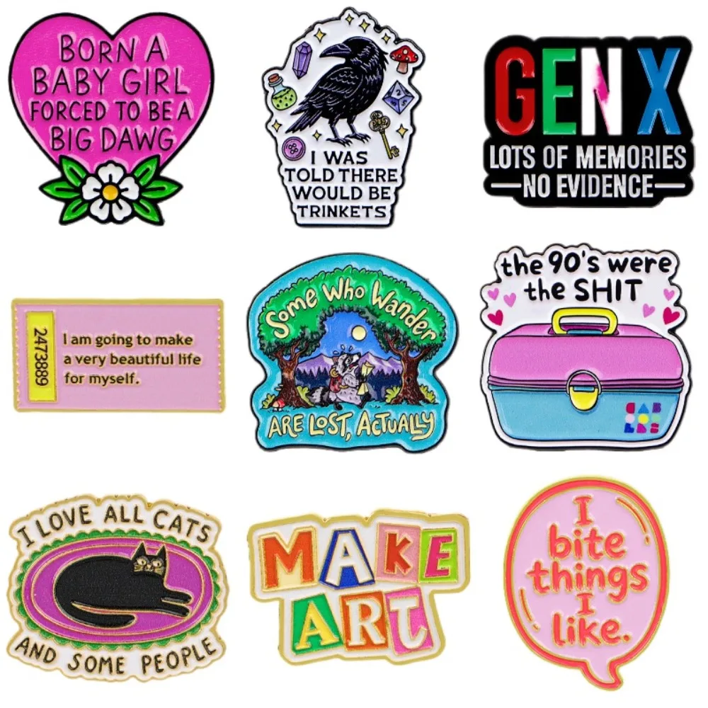 Vintage Quote Enamel Pin Cute Black Cat Crow Heart Lapel Brooch Badge Colorful Text Slogan Pins Backpack Jacket Bag DIY Decor