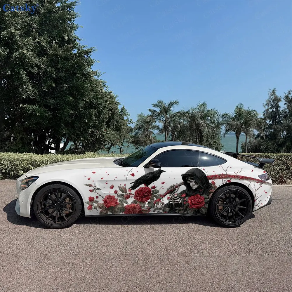 2pcs Scythe Reaper Crow Red Roses Car Side Wraps, Self-Adhesive PVC Waterproof & Scratch-Resistant Stickers, Car Accessory Gift