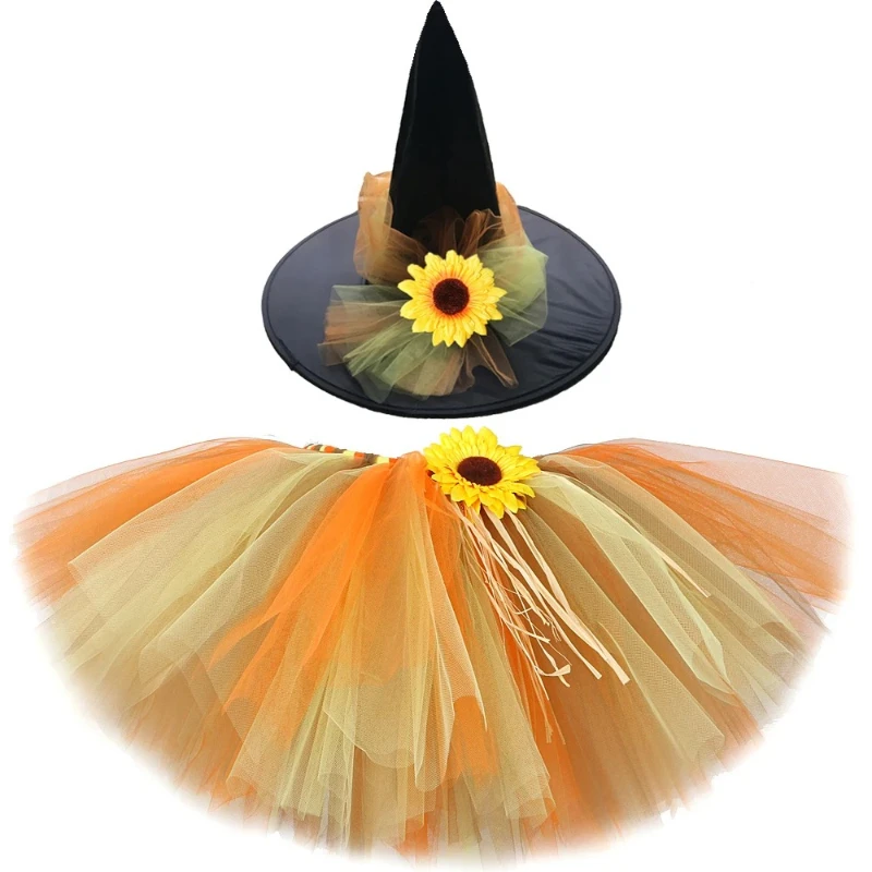 Fall Sunflower Tutu Skirt for Girls Halloween Thanksgiving Outfit Kids Scarecrow   with Witch Hat Children Fluffy Tutus Costumes