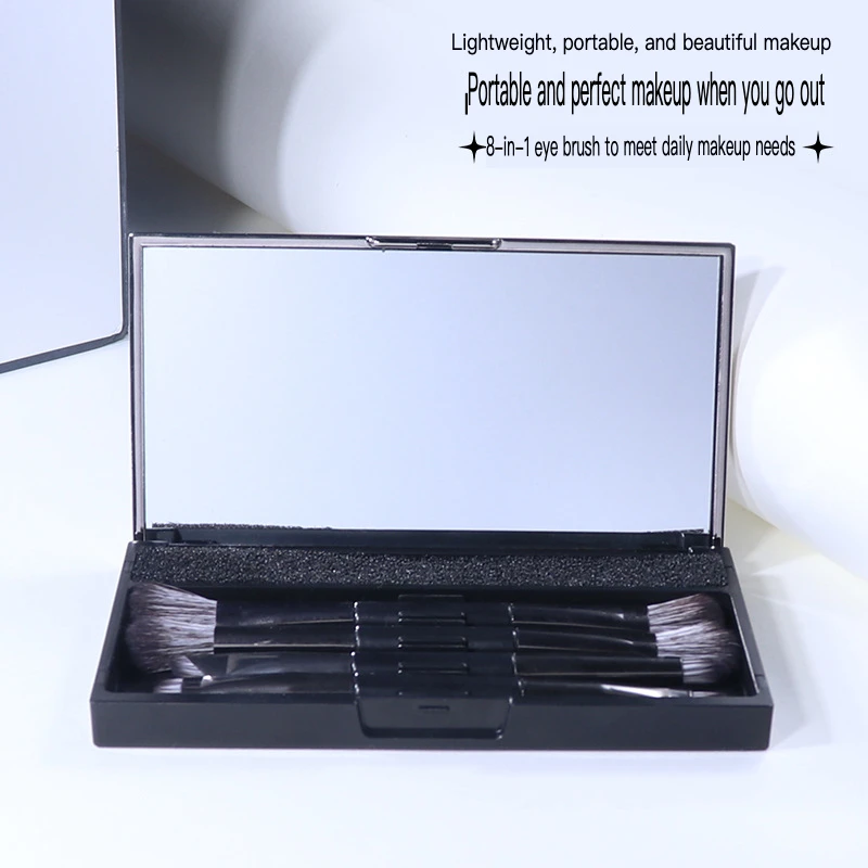 4 Piece Double Head Eyeshadow Brush Set Portable Cosmetic Brushes with Mirror for Eyeliner Makeup Brush Case