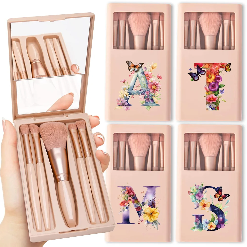 5 Pcs Makeup Brushes Kit Holder Box With Clear Mirror Soft Bristles Cosmetic Brush Set Protected Case Butterfly Letter Pattern