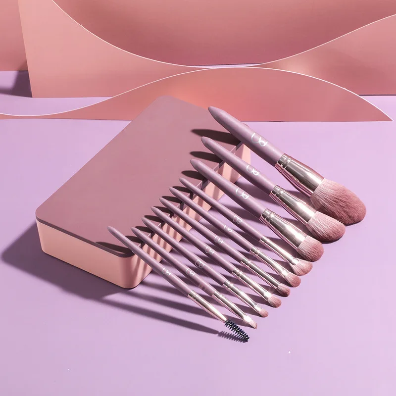 Purple 10-Piece Portable Makeup Brush Set with Mirror - Best-Selling Cosmetic Brush Collection in a Convenient Box