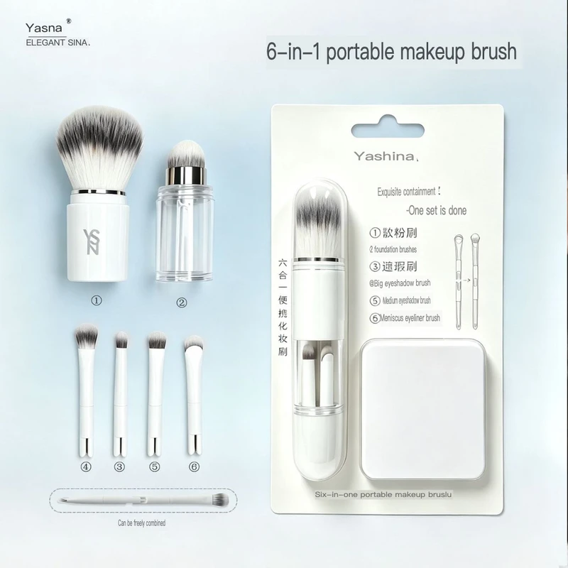 Portable Makeup Set 6-In-1 Mini Soft Bristle Powder Foundation Eyeshadow Student Brush With Mirror