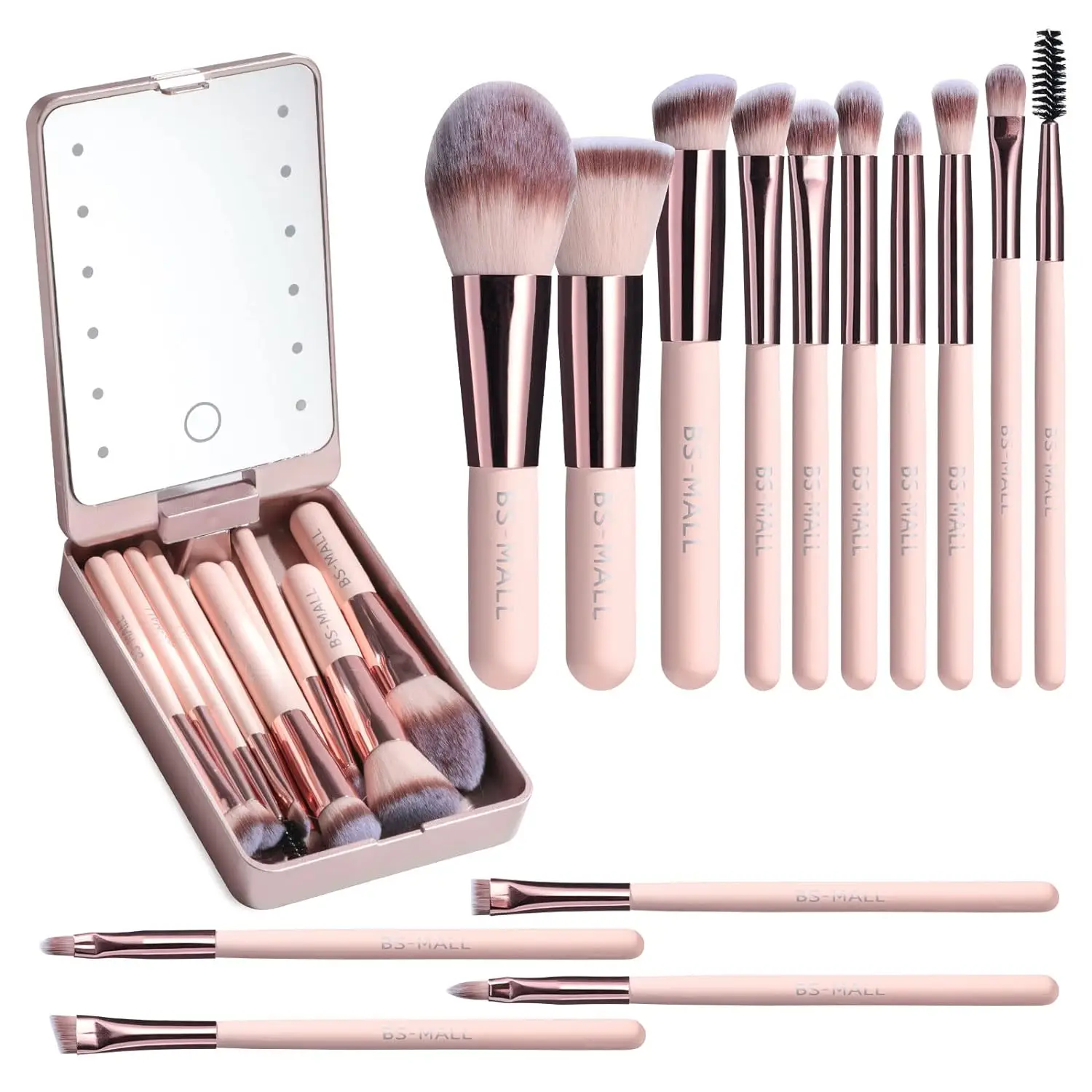 Makeup Brush Set 14 Pcs with Led Mirro for Girl Traval, Travel Cosmetic Brush Kit Super Soft Fiber High Quality Face&Eye Brush