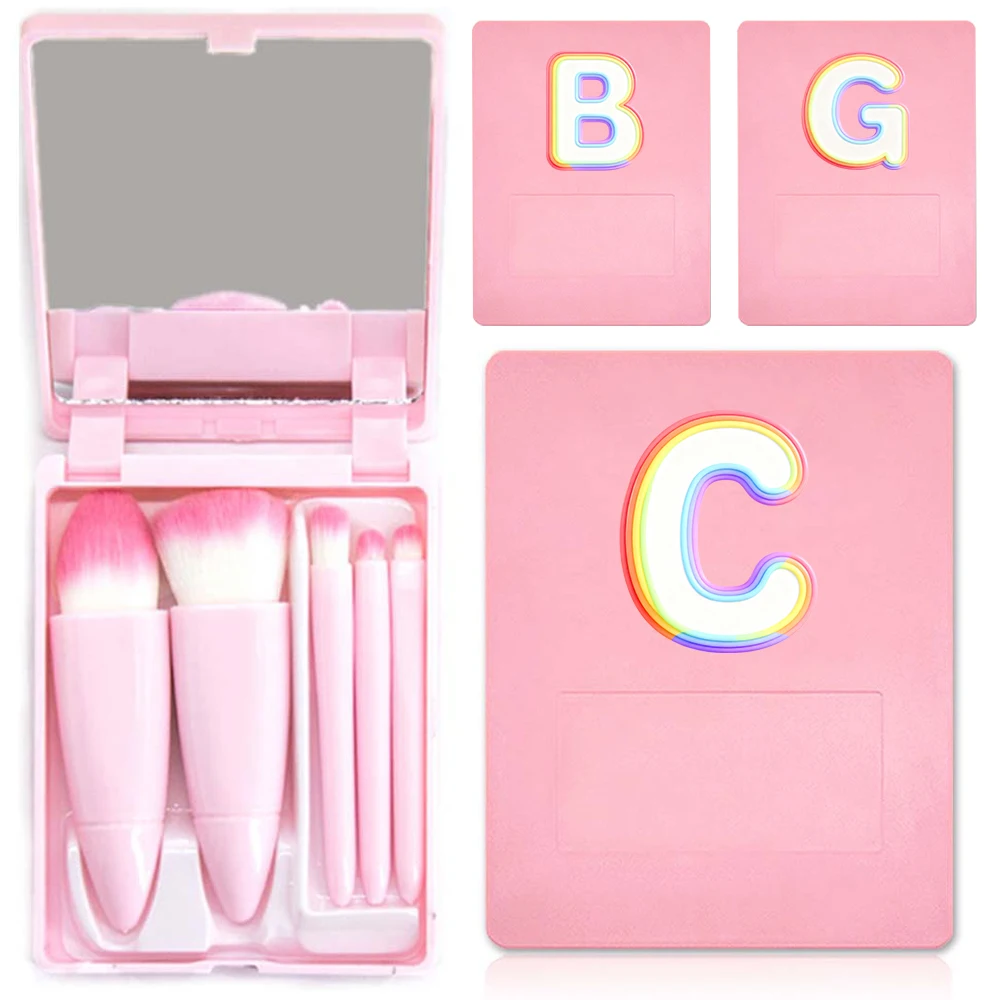 5PCS Makeup Brush Kit Bring Beginners Beauty Tools with Mirror Brush Makeup Set Organizer for Women Rainbow Flow Letter Pattern