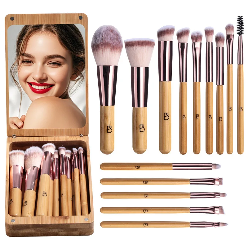 New 14-piece Bamboo Makeup Brush, Mirror Magnifying Glass, High-quality Makeup Tools
