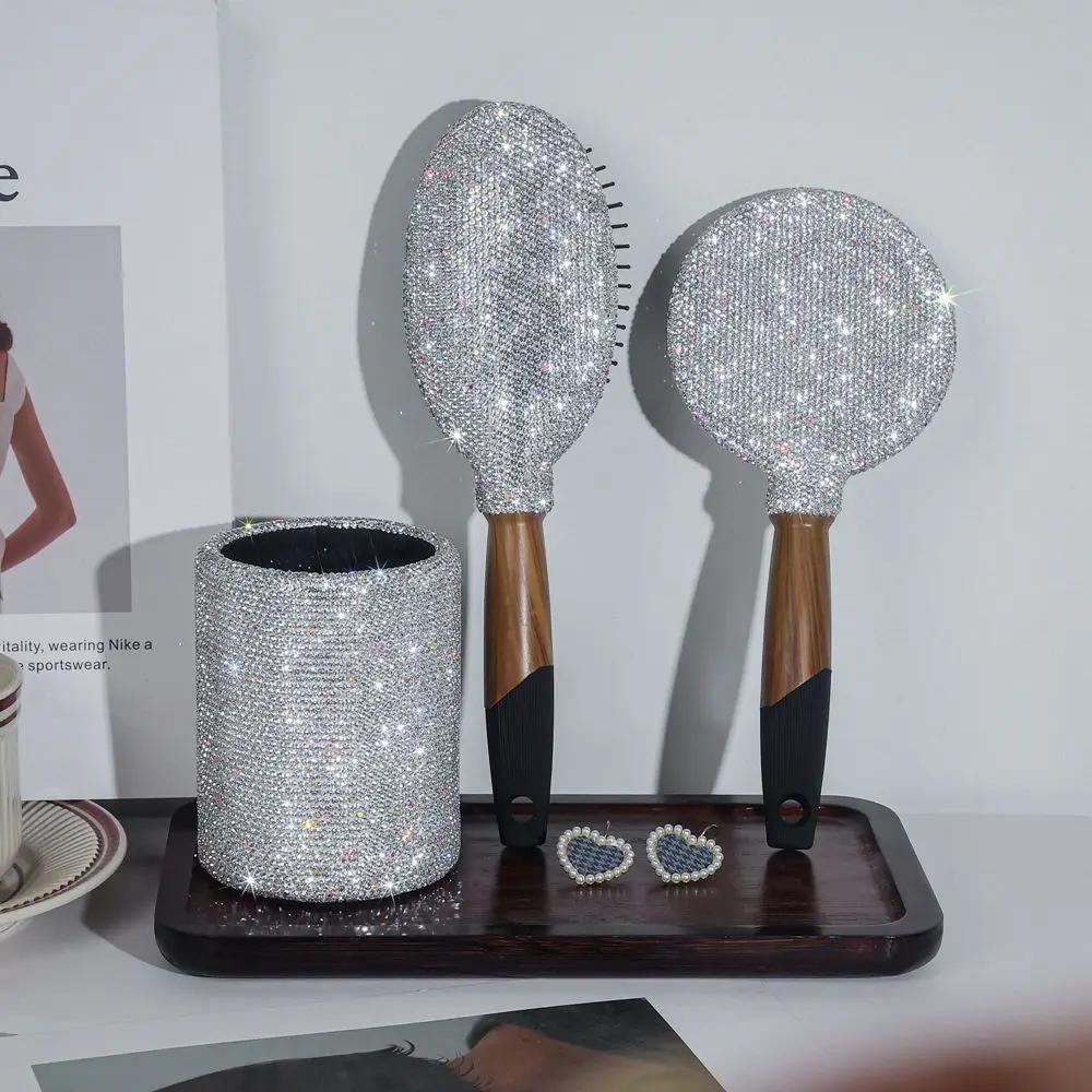 Luxury Bling Rhinestones Makeup Brush Storage Bucket Hair Air Cushion Comb Makeup Mirror Glitter Make Up Kit Tool Beauty Gift