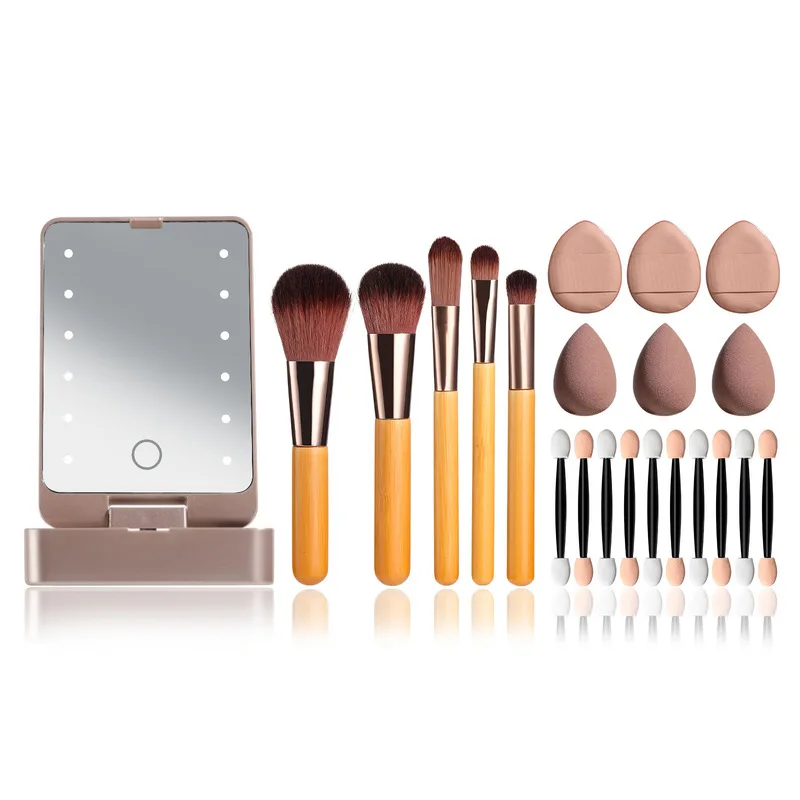 Portable Travel Mini Makeup Brush Set Of 5 Bamboo Beauty Egg Led Mirror Makeup Brushes
