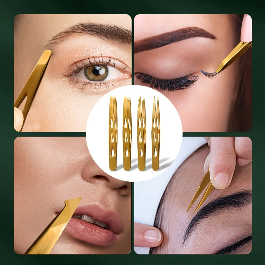 Golden Stainless Steel Eyebrow Clip 4 Pcs Set with Straight and Slanted Tips for Shaping Brows, Four-piece Eyebrow Tweezers Tool