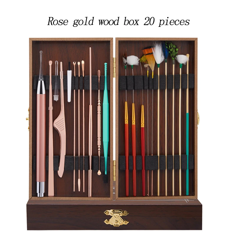 20-Piece Ear Cleaning Kit LED Light Ear Pick Spiral Earwax Remover Goose Feather Swabs Tweezers with Wooden Case Ear Care Set