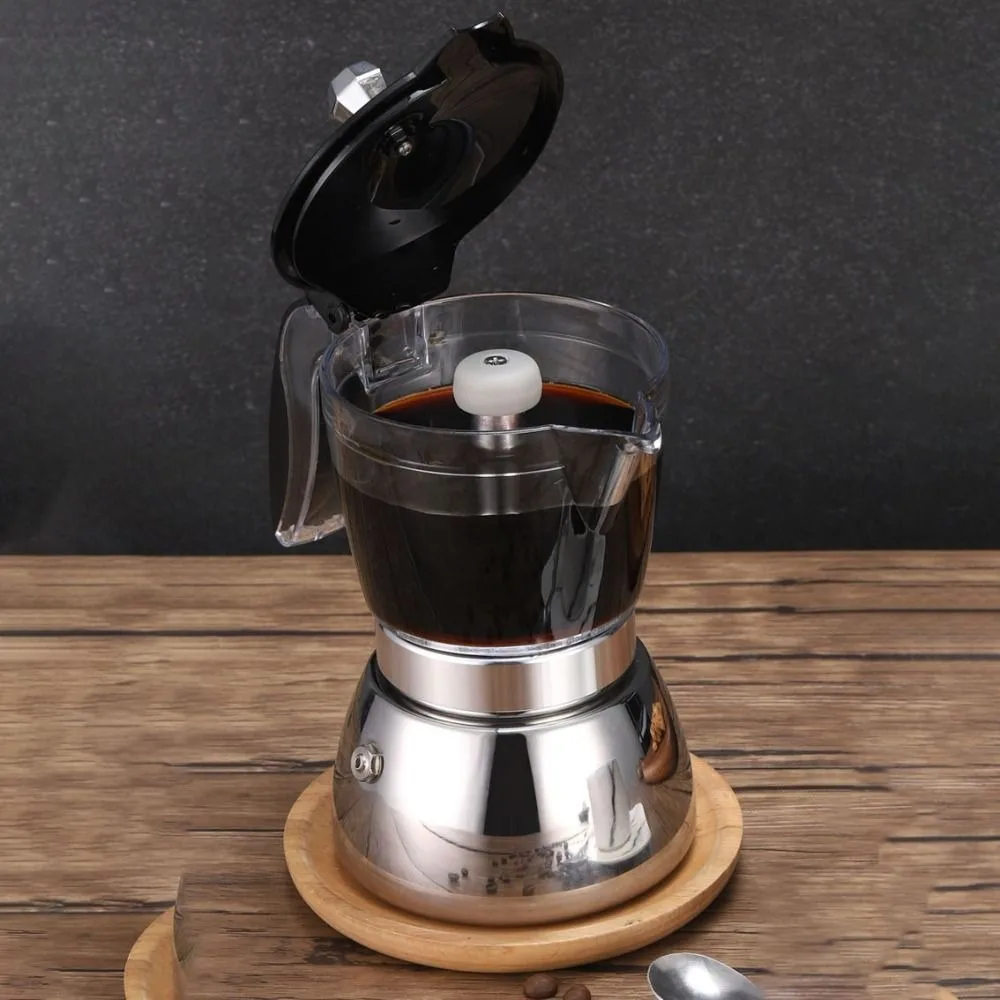 4/6 Cups Visible Moka Pot Stainless Steel Transparent Pot Body Coffee Maker Pot Universal Espresso Italian Coffee Machine