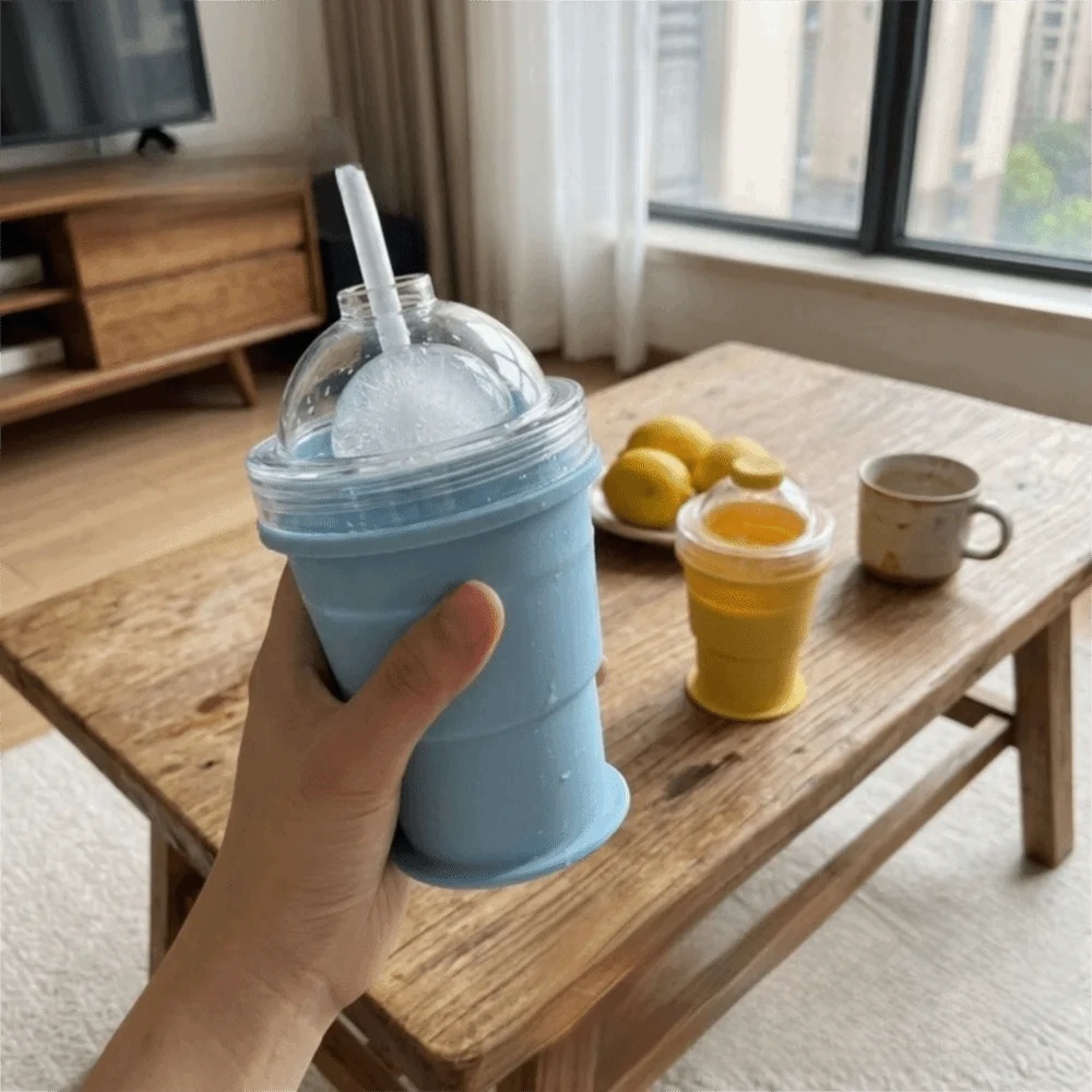 Convenient Leak-Proof Folding Ice Mold Cup with Straw Portable Ice Kettle Easy To Demold Food Grade Ice Mold Cooler Cup Milk Tea
