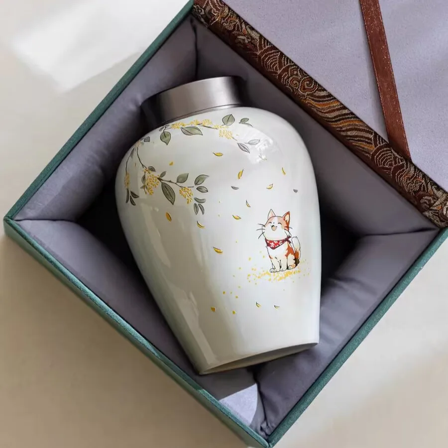HYS grass ash cute osmanthus cat double-layer tin cover moisture-proof sealed tea can ceramic household access bulk empty jar