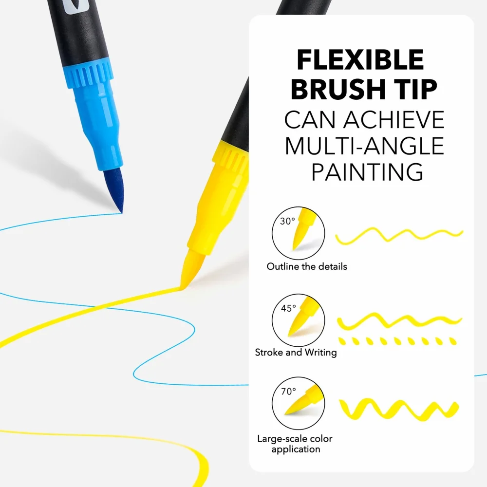 1 Set Water-Based Dual Tip Coloring Pens Brush & Fine Tip Marker Non-Toxic Solid Color Art Pen for Scrapbooking Journaling Craft