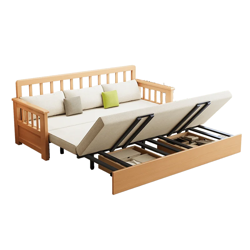 Solid wood sofa bed push-pull foldable sitting and sleeping multi-functional living room storage beech double sofa