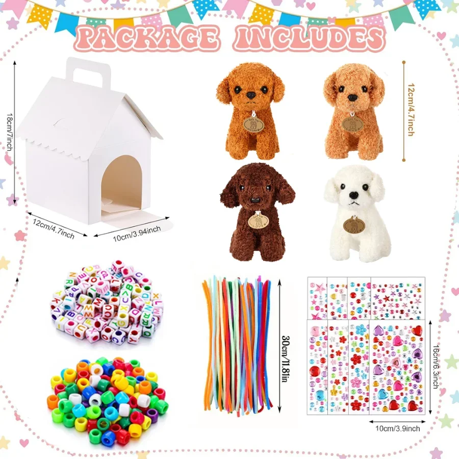 DIY Adopt a Puppy Party Favors Kit 8-24 Sets Make Your Own Stuffed Teddy Dog Bead Pet with Dog House And Necklace Craft Supplies