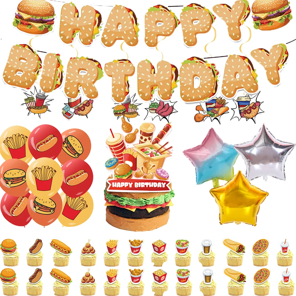 Hamburger Hot Dog Set Birthday Party Decoration Background Fast Food French Fries Cake Topper Balloon Kid Toy Garden Banner Prop