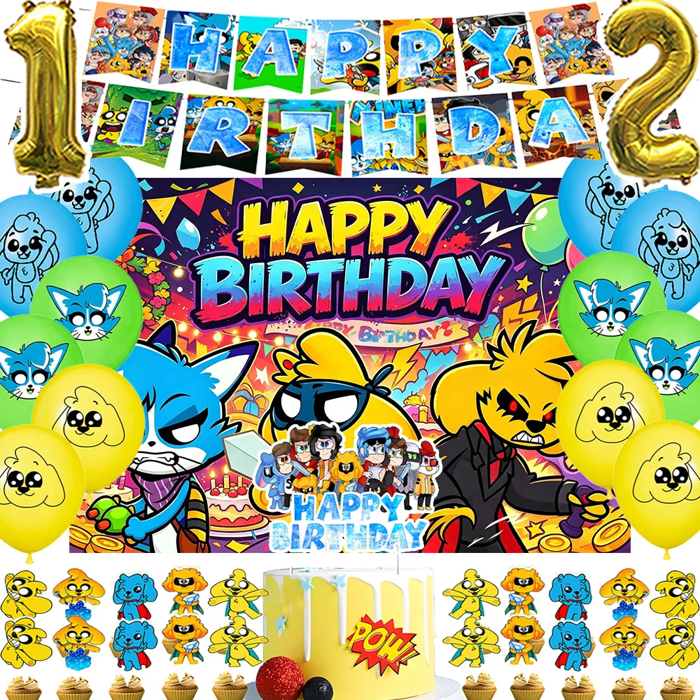 Cartoon&Mikecracks Theme Birthday Decor Banner Balloon Cupcake Topper Yellow Cute Dogs Backdrops Baby Shower Kid Party Supplies